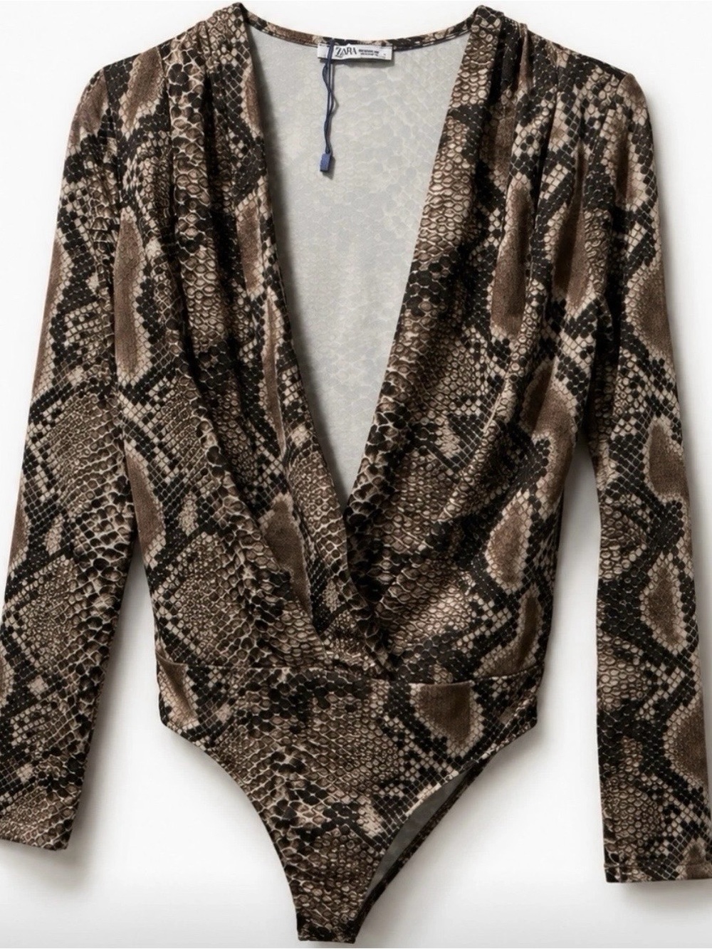 Zara Snake-Print Wrap Bodysuit in Brown & Black